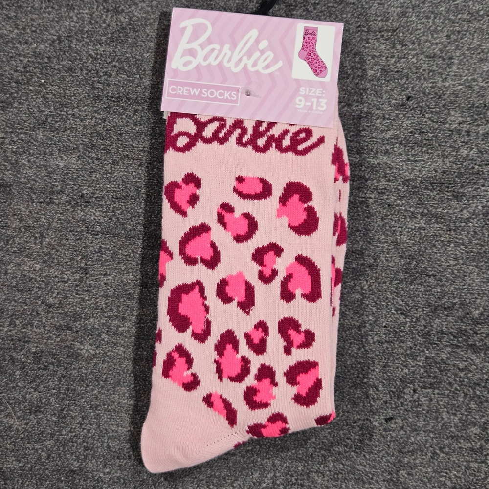 NEW Barbie Pink Leopard Print Crew Socks Womens Size 9-13 Mattel Logo